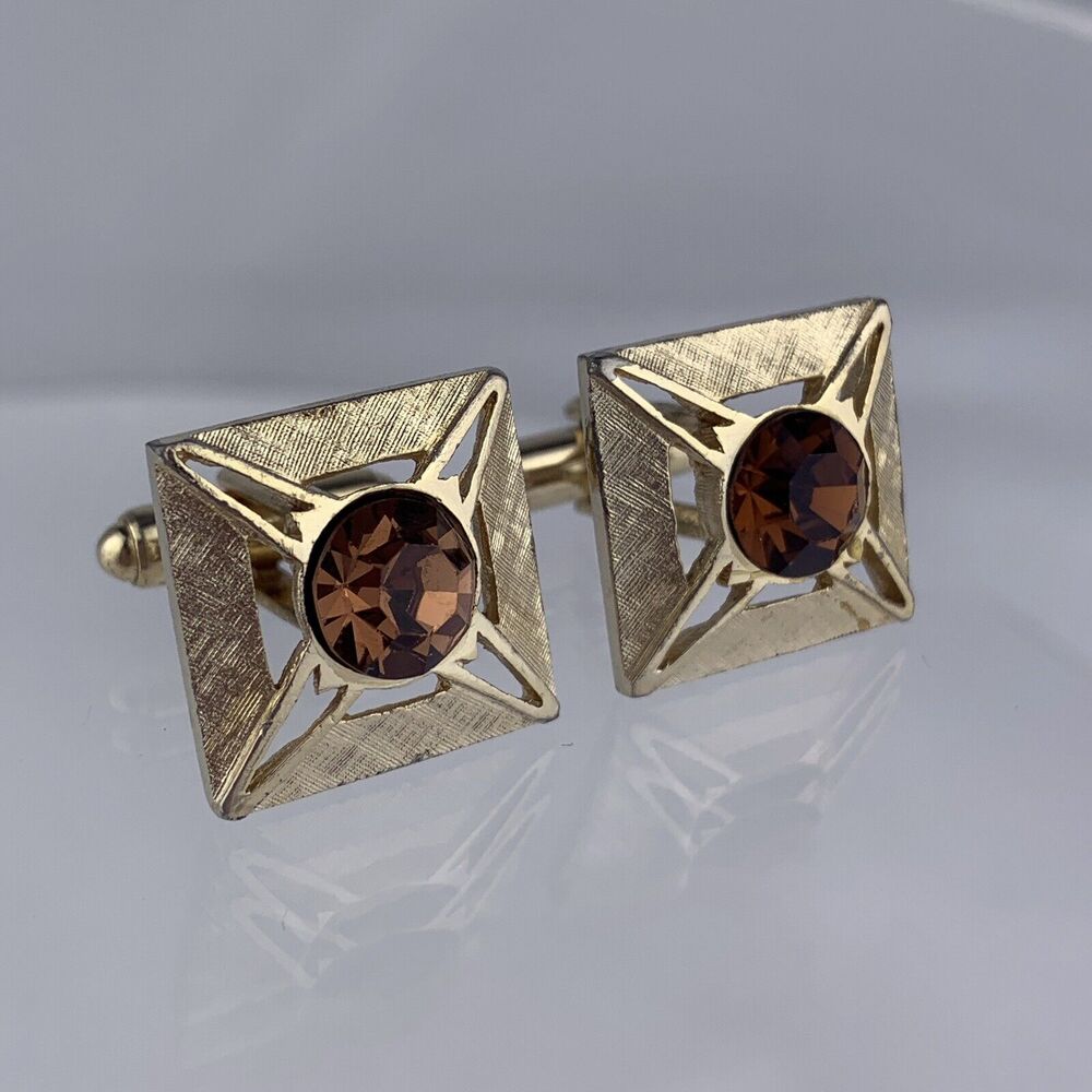 Square Brown Rhinestone Gold Tone Cufflinks Modern Formal Cutout Shields Vintage
